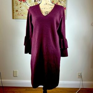 Ann Taylor Sweater Dress Ruffle Tier Sleeve Maroon V Neck Size Medium